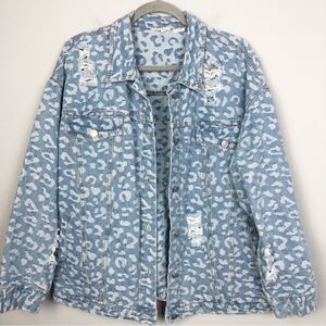 JODIFL | Blue Denim Jean Jacket Oversized Distressed Leopard Print Women’s M